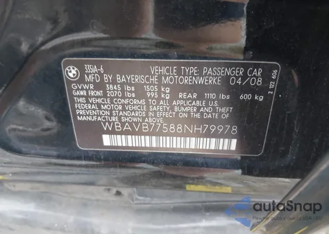 2008 BMW 335I from USA, damaged, VIN WBAVB77588NH79978